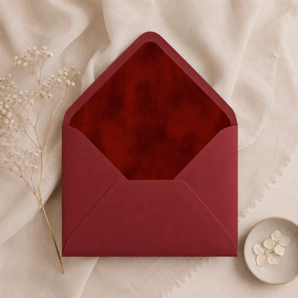 Vintage Bordeaux envelope with the Burgundy Velvet Envelope Liner Template featuring a rich deep burgundy watercolor texture for elegant wedding invitations.