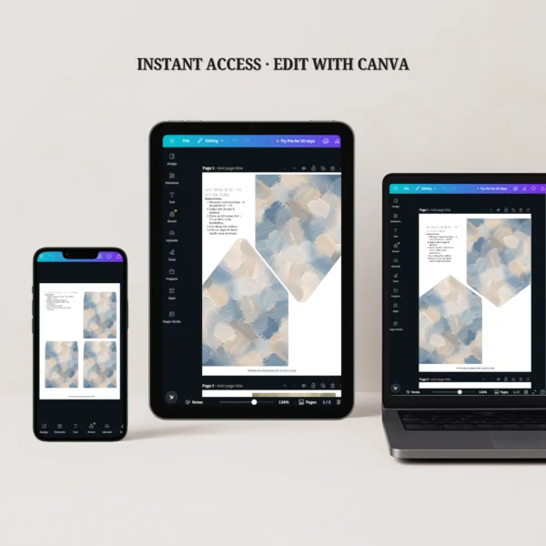 Dusty Canvas Envelope Liner Template displayed on phone, tablet, and laptop screens, showcasing the editable Canva wedding envelope liner template for instant download.