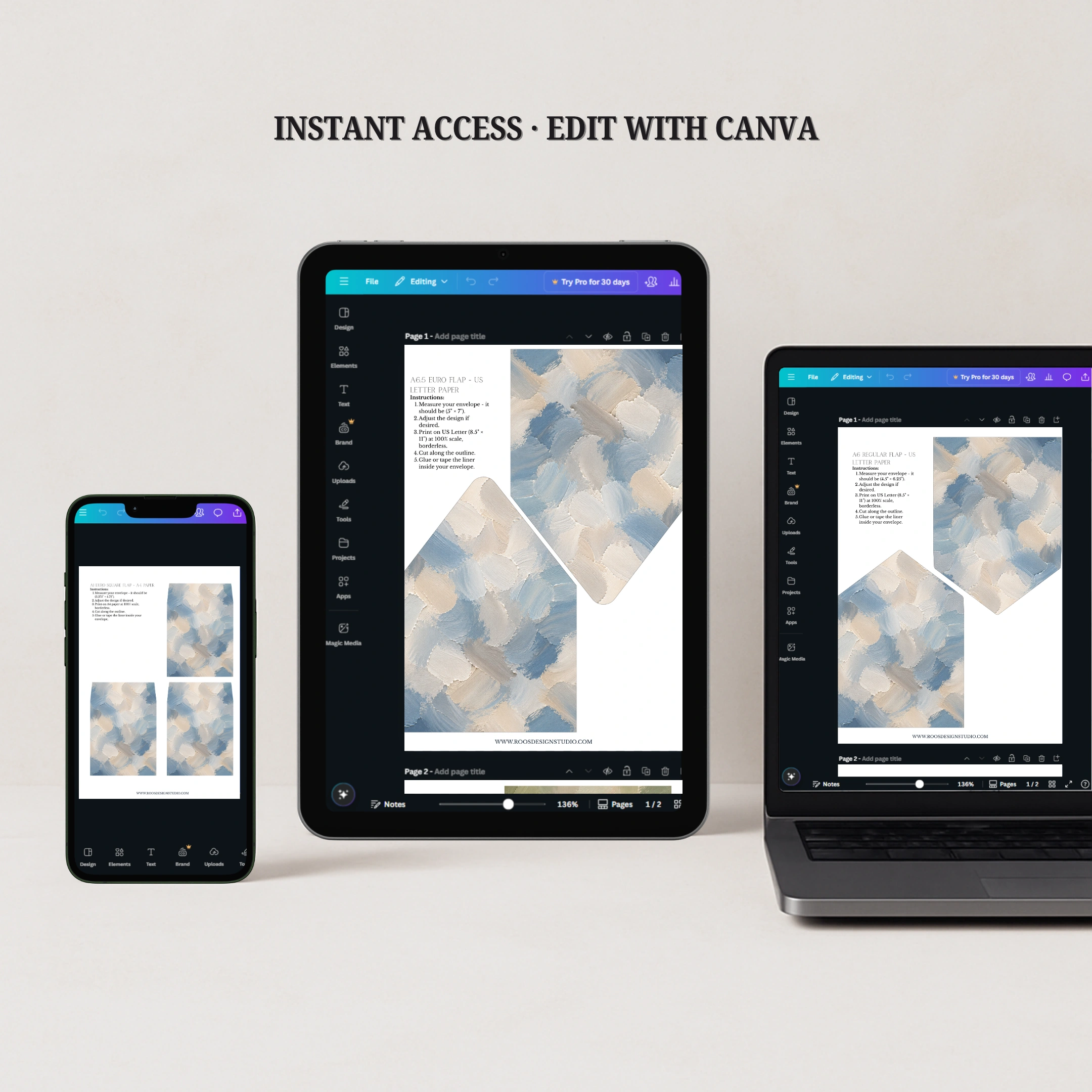 Dusty Canvas Envelope Liner Template displayed on phone, tablet, and laptop screens, showcasing the editable Canva wedding envelope liner template for instant download.