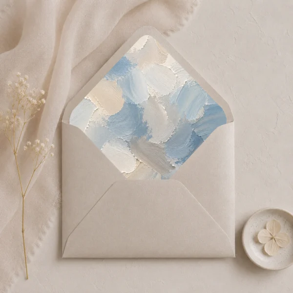 Dusty Canvas Envelope Liner Template displayed inside a metallic sand envelope, featuring painterly dusty blue, ivory, cream, and soft grey abstract brushstrokes for elegant wedding invitations.