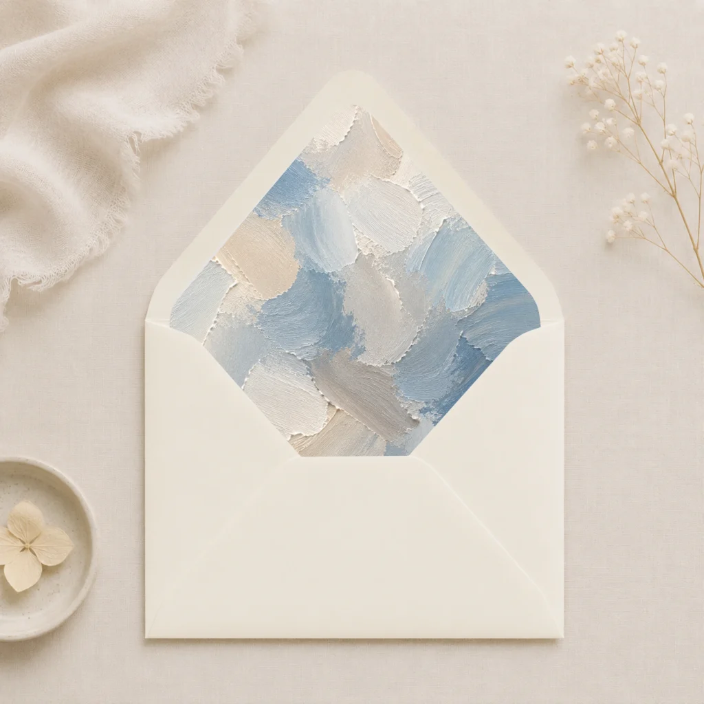 Dusty Canvas Envelope Liner Template displayed inside an ivory envelope, featuring painterly dusty blue, ivory, cream, and soft grey abstract brushstrokes for elegant wedding invitations.