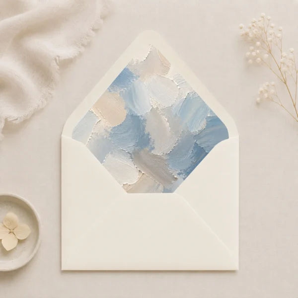 Dusty Canvas Envelope Liner Template displayed inside an ivory envelope, featuring painterly dusty blue, ivory, cream, and soft grey abstract brushstrokes for elegant wedding invitations.