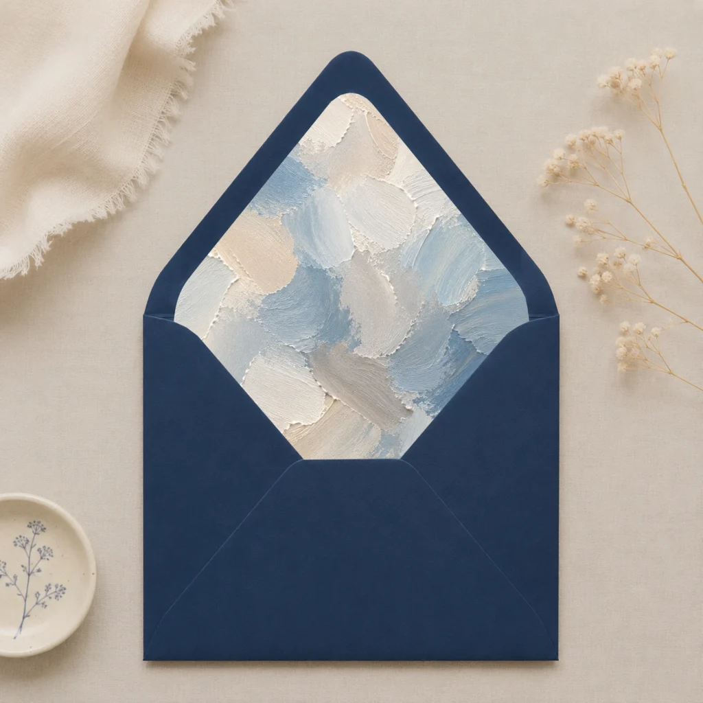 Dusty Canvas Envelope Liner Template displayed inside a navy blue envelope, featuring painterly dusty blue, ivory, cream, and soft grey abstract brushstrokes for elegant wedding invitations.