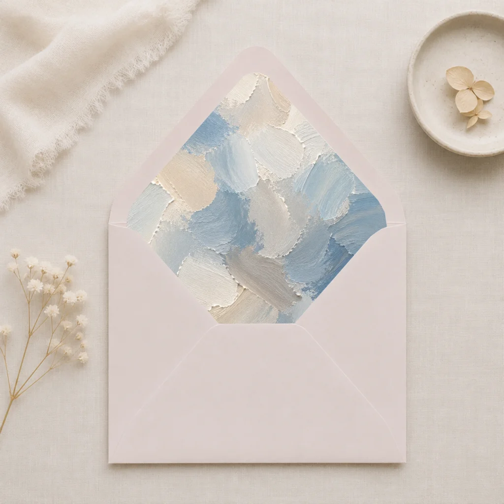 Dusty Canvas Envelope Liner Template displayed inside a soft taupe envelope, featuring abstract dusty blue, ivory, cream, and warm grey painterly brushstrokes for elegant wedding invitations.
