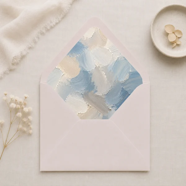 Dusty Canvas Envelope Liner Template displayed inside a soft taupe envelope, featuring abstract dusty blue, ivory, cream, and warm grey painterly brushstrokes for elegant wedding invitations.